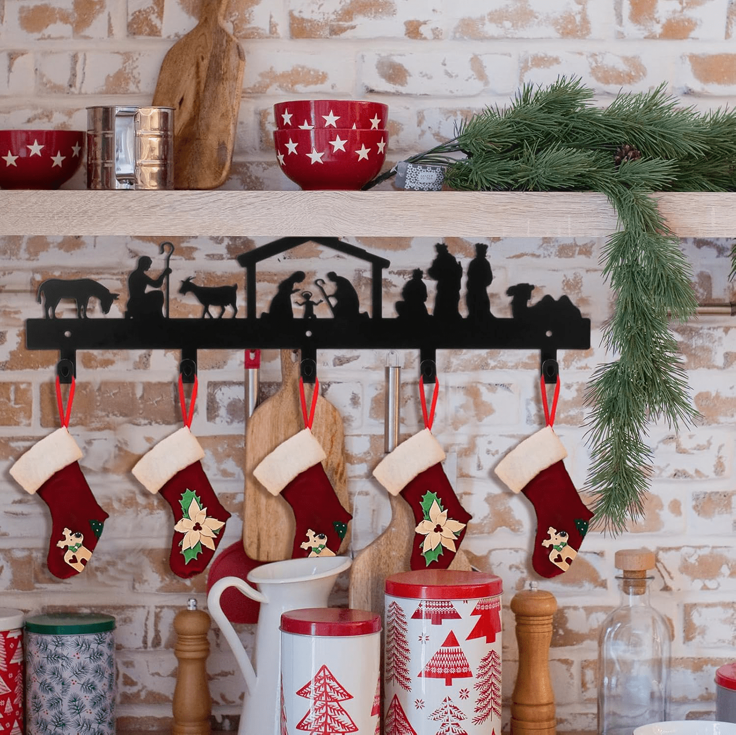 Festive Wall Mounted Stocking Holder with Decorative Hooks for Holiday Decor and Gift Storage