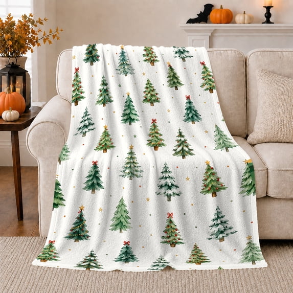 Festive Watercolor Christmas Tree Grid White Background, Festive Festive Scene, Warm Flannel Blanket for Living Room and Family Room, Celestial Art Lovers Christmas Gift, Festive Home Decor