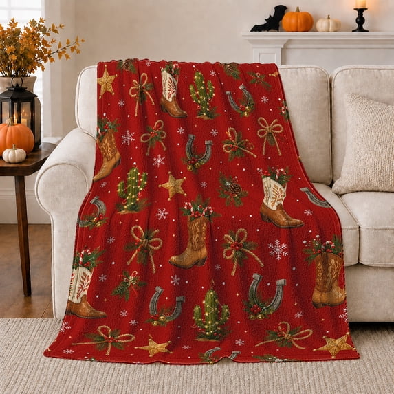 Festive Western Holiday Motifs Deep Red Base, Festive Holiday Scene, Warm Flannel Blanket for Ranch House and Living Room, Horse Lovers Christmas Gift, Rustic Home Decor