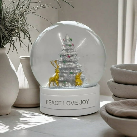 Festive White Christmas Snow Globe  5.3 Inch Glass Ball with Holiday Tree, Reindeer & Rabbit  Ideal Christmas Gift for Friends & Family