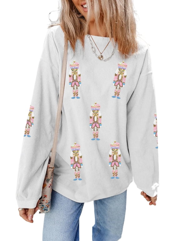 Festive Nutcracker Graphic Top, Casual Long Sleeve Sweater 2XL