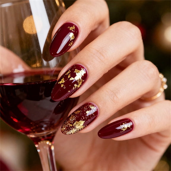 Festive Wine Gold Almond Press On Nail French Tips for Christmas Holiday