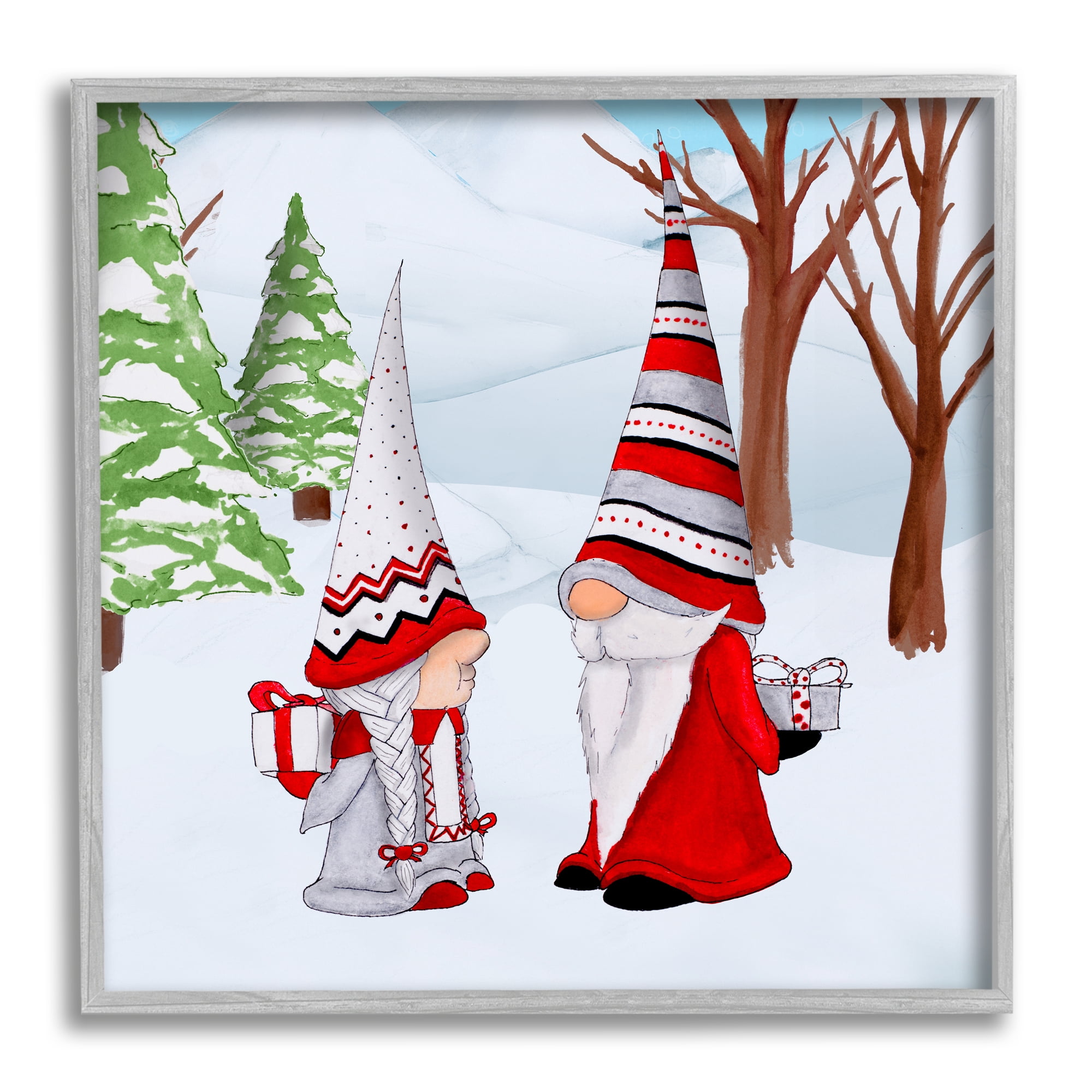 Festive Winter Gnome Couple Holiday Presents Garden Elf Holiday Framed Art Print Wall Art, 17x17