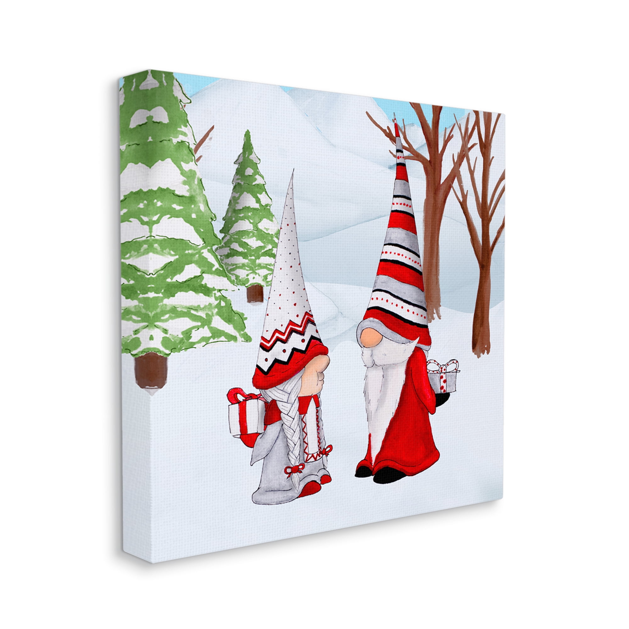 Festive Winter Gnome Couple Holiday Presents Garden Elf Holiday Gallery-Wrapped Canvas Print Wall Art, 17x17