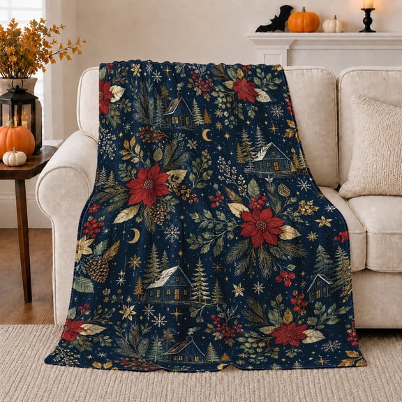 Festive Winter Holiday Scene Christmas, Festive Holiday Scene, Warm Flannel Blanket for Living Room and Reading Nook, Art Lovers Christmas Gift, Festive Home Decor