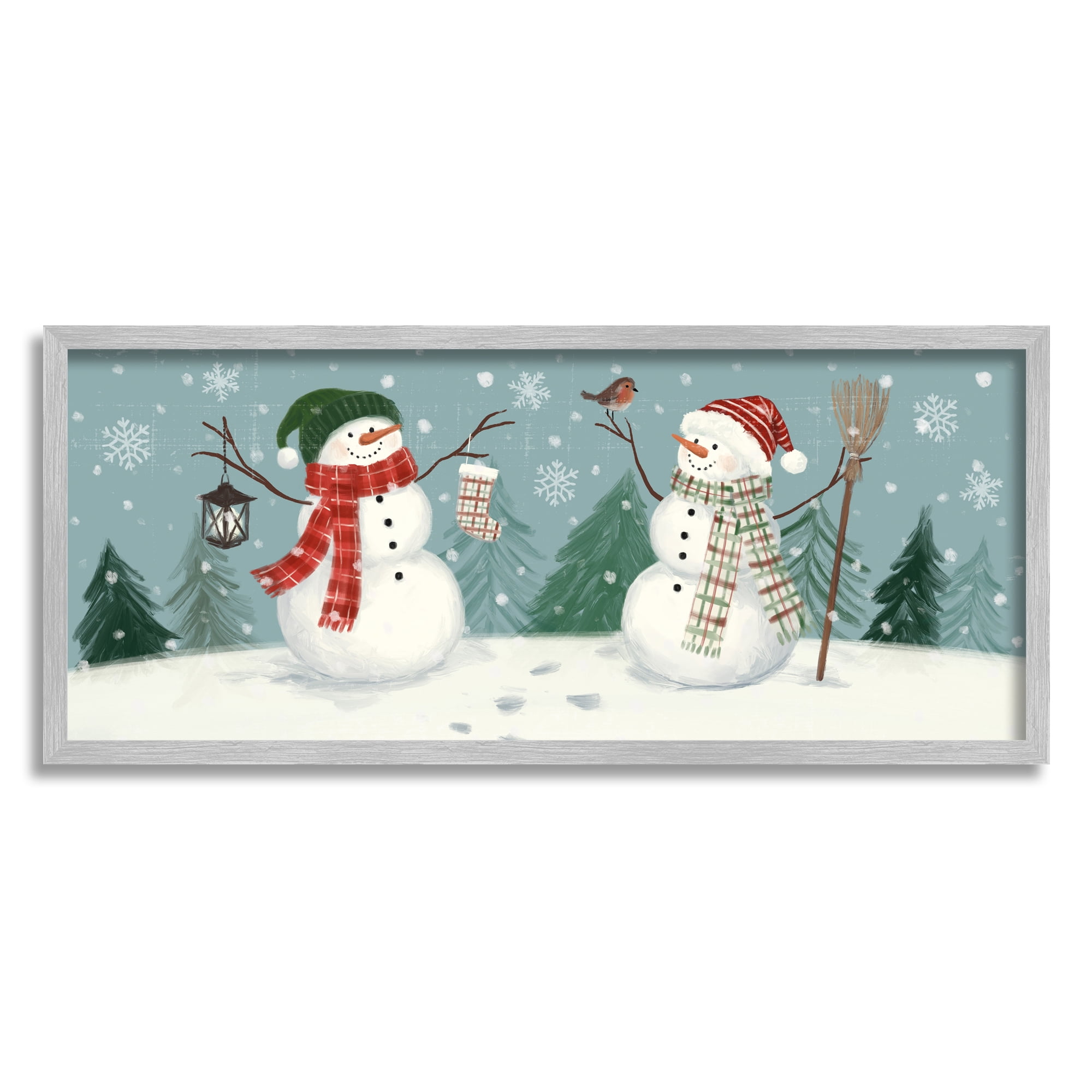 Festive Winter Snowmen Celebrating Falling Snowflakes Landscape Painting Framed Art Print Wall Art