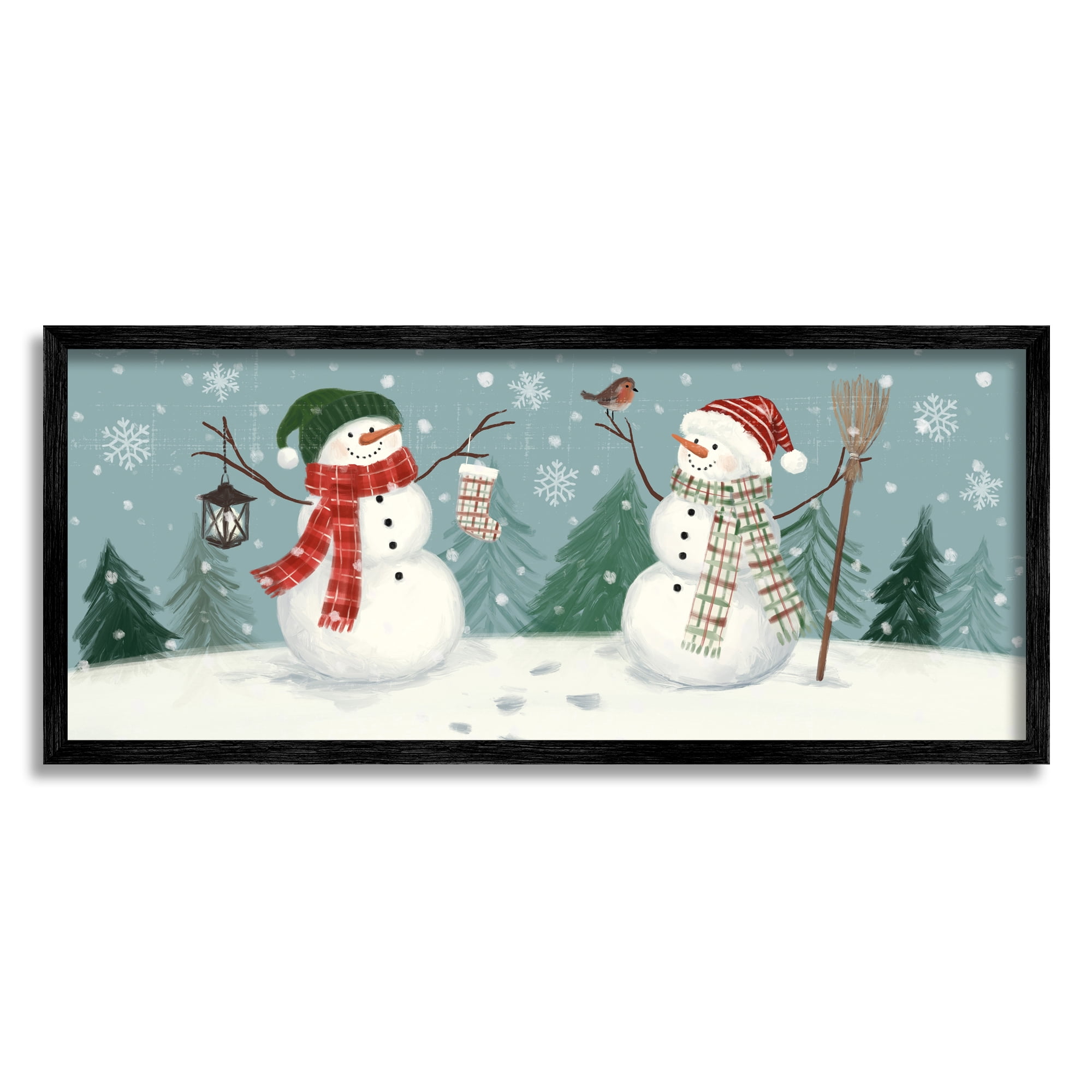 Festive Winter Snowmen Celebrating Falling Snowflakes Landscape Painting Framed Art Print Wall Art