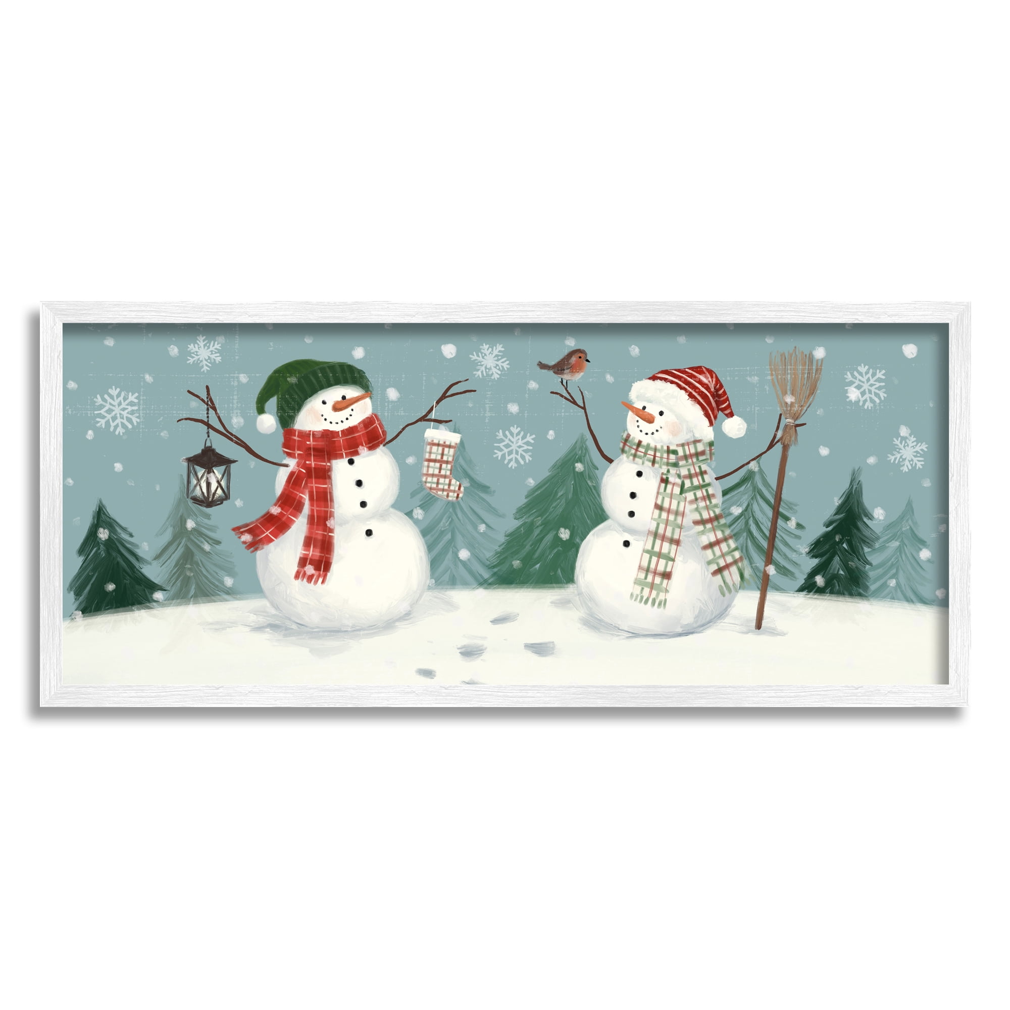 Festive Winter Snowmen Celebrating Falling Snowflakes Landscape Painting Framed Art Print Wall Art