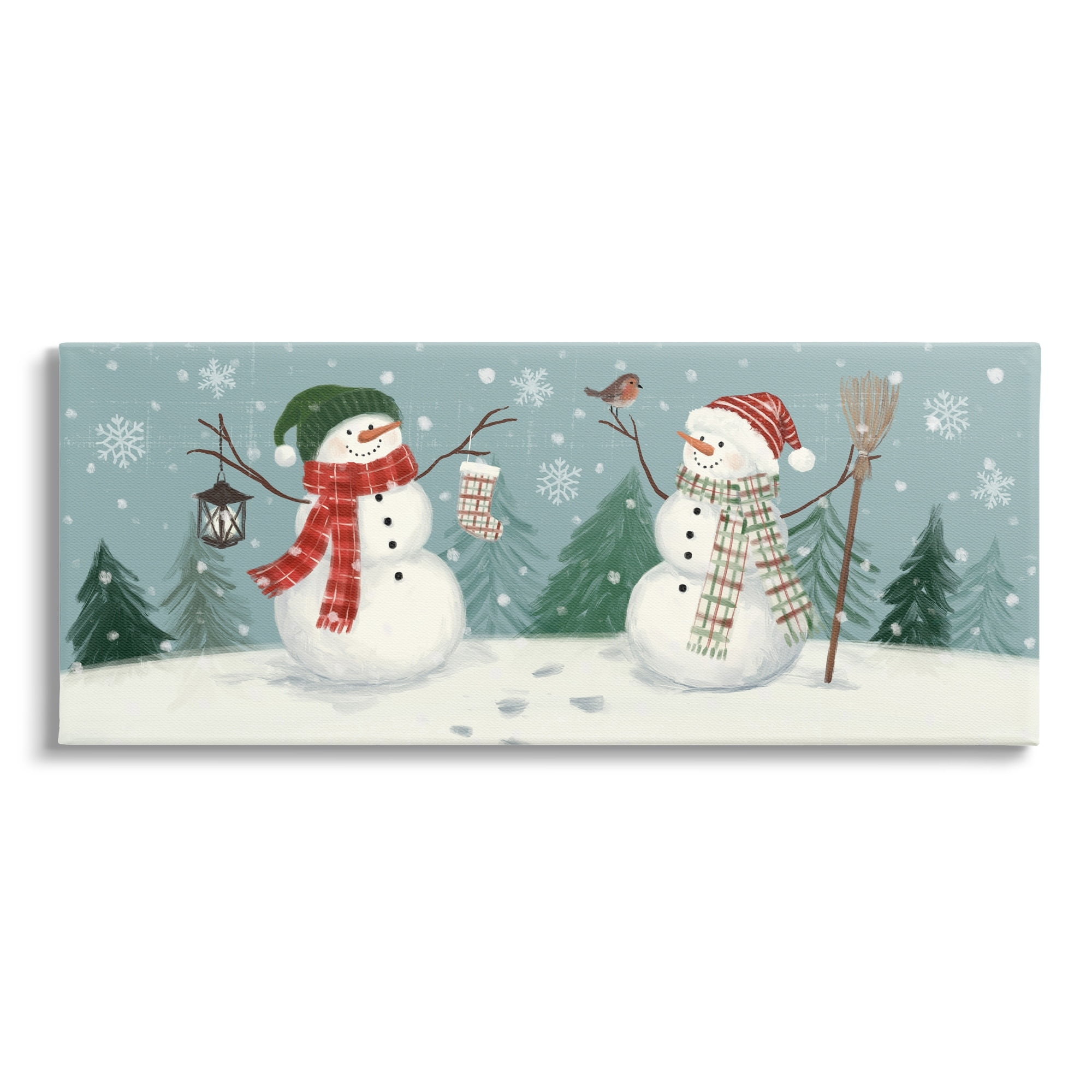 Festive Winter Snowmen Celebrating Falling Snowflakes Landscape Painting Gallery-Wrapped Canvas Print Wall Art