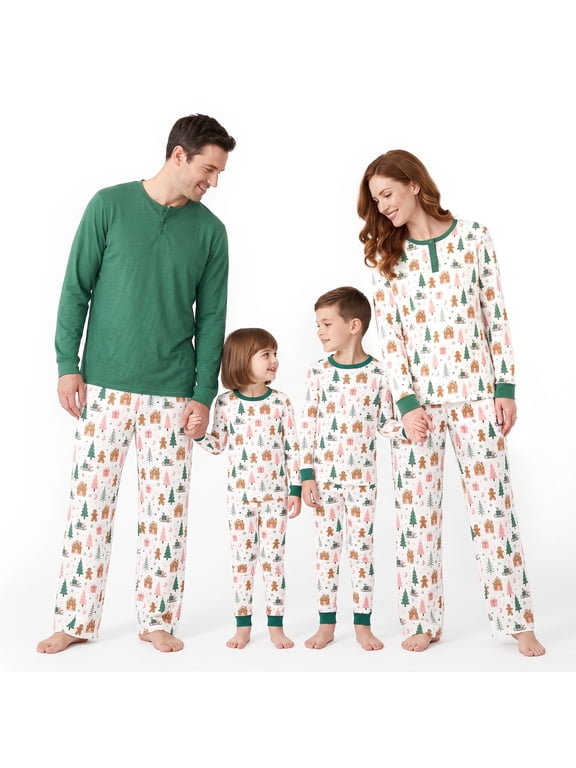 Matching Family Christmas Pajamas Set Soft Cotton Gingerbread House & Tree Print Henley Top with Green Trim Pants for Men Women Kids