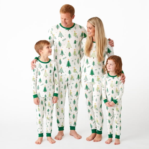 NIPAXO Matching Family Christmas Pajamas Set - Pine Tree Forest Graphic Top with Green Trim Pants for Men, Women, Kids