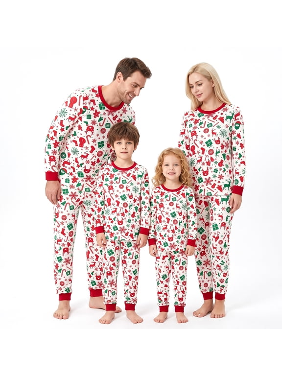 Matching Family Christmas Pajamas Set - Santa Reindeer Snowflake Graphic Top with Red Trim Pants for Men, Women, Kids