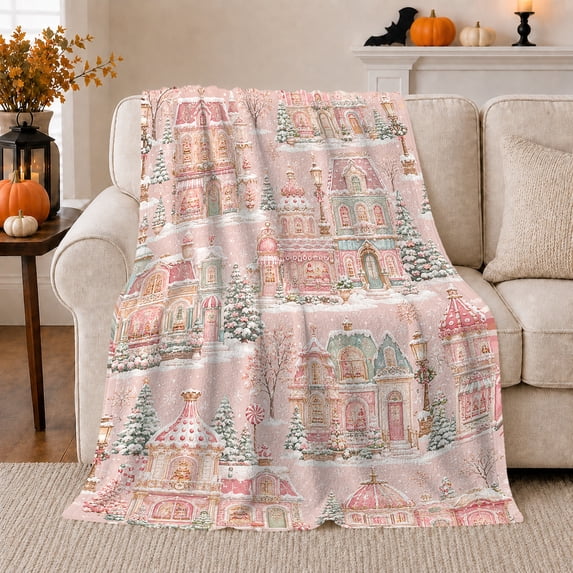 Festive Winter Village Scene Pink Snowy Houses Lamps, Festive Holiday Scene, Warm Flannel Blanket for Living Room and Reading Nook, Art Lovers Friendship Gift, Festive Home Decor