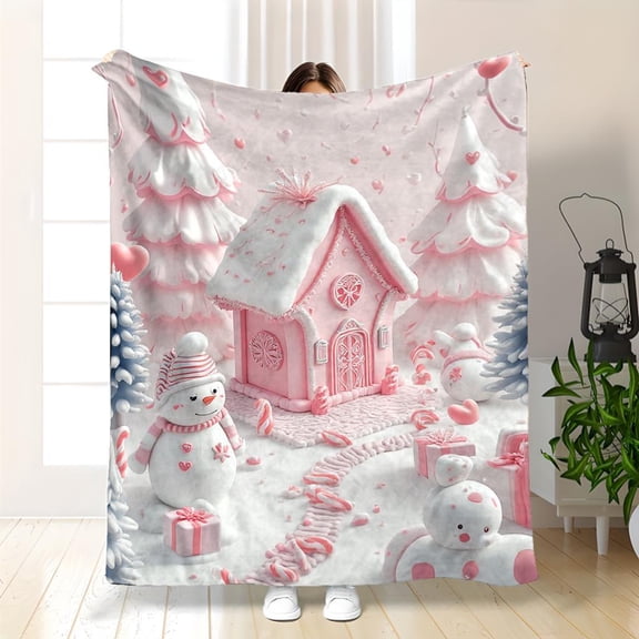 Festive Winter Wonderland Throw Blanket with Pink Gingerbread House, Snowman & Snowy Trees | Soft Flannel, Machine Washable, 4 Sizes for Cozy Home Decor, 280gsm