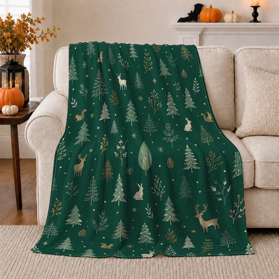 Festive Winter Woodland Forest Green Background Holiday Trees, Festive Holiday Scene, Warm Flannel Blanket for Living Room and Reading Nook, Art Lovers Friendship Gift, Festive Home Decor