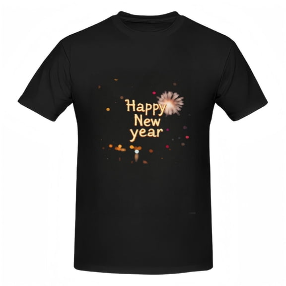 Festive Women's Cotton Short Sleeve T-Shirt - ' Happy New Year ' in Golden Font with Colorful Fireworks Design