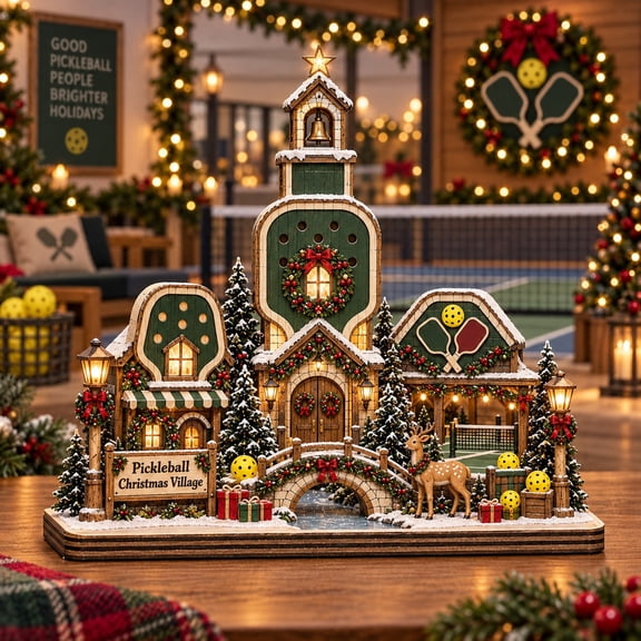 Festive Wooden Block Pickleball Christmas Village Tabletop Decor