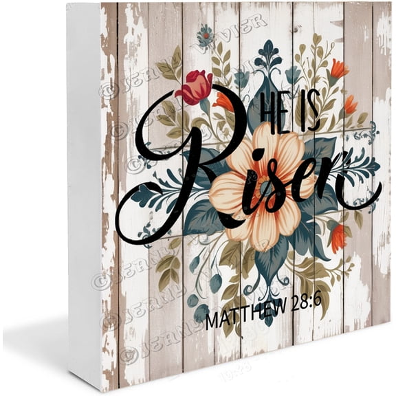 Festive Wooden He Is Risen Sign:Rustic Farmhouse Wooden Box Sign Decoration for Easter Celebrations, Perfect as Home Decor 5"x5"