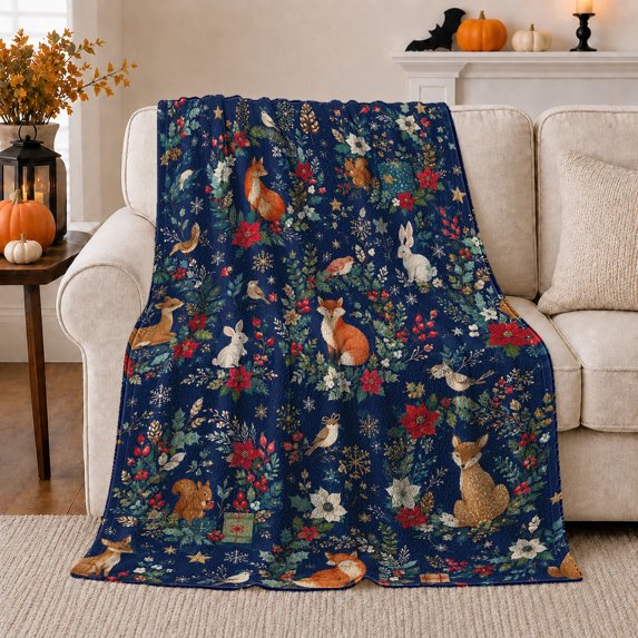 Festive Woodland Animals in Whimsical Holiday Style for Animal Lovers, Fox Rabbit Holly Scene, Cozy Flannel Blanket for Bedroom and Family Room, Christmas Gift, Woodland Home Decor