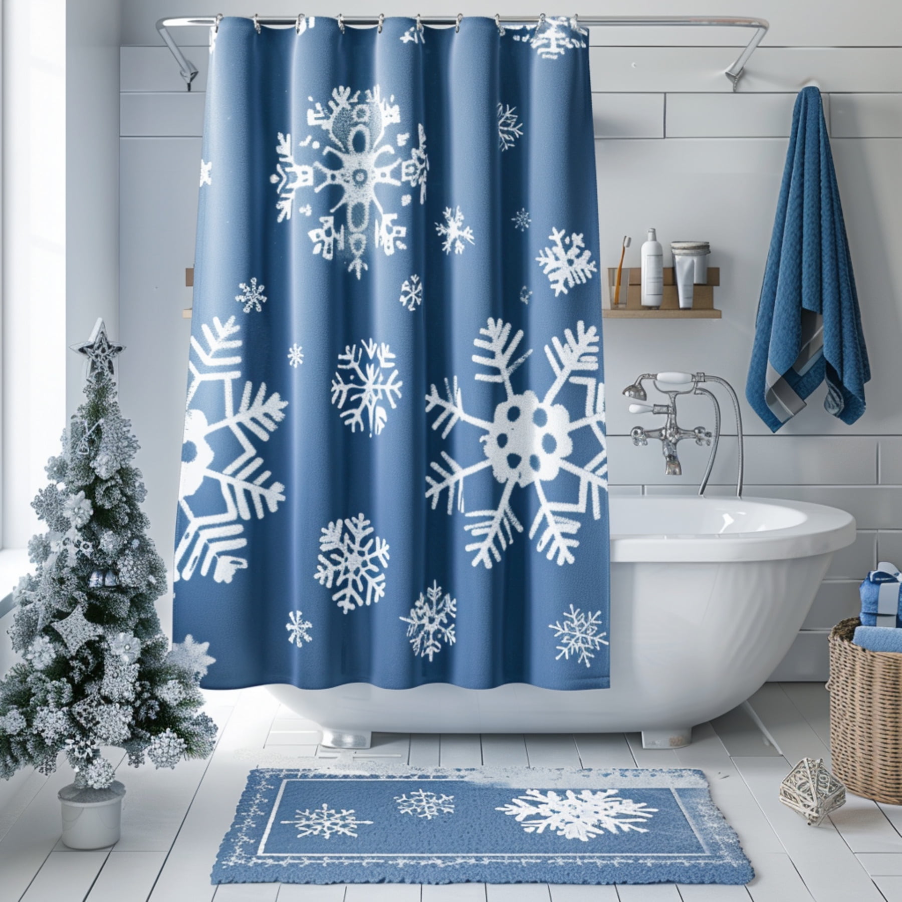 Festive and Minimalistic Blue and White Snowflake Shower Curtain with Christmas Accents and