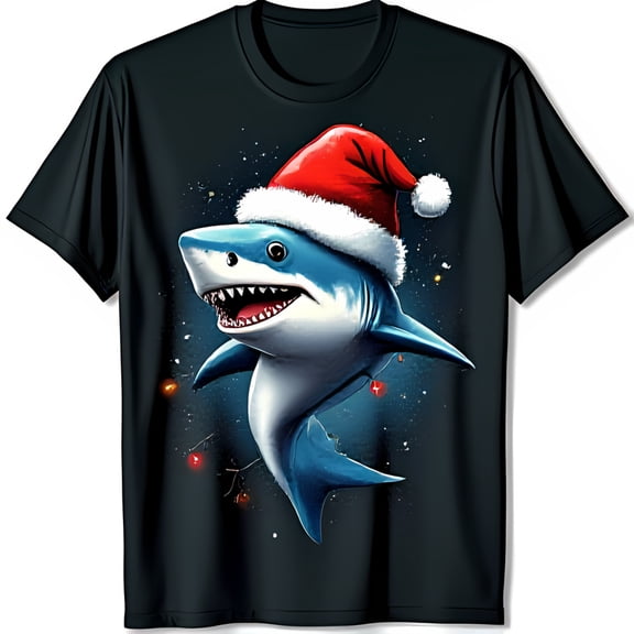 Festive in Santa Hat T-Shirt Merry Christmas Design with Colorful Lights Black Tee
