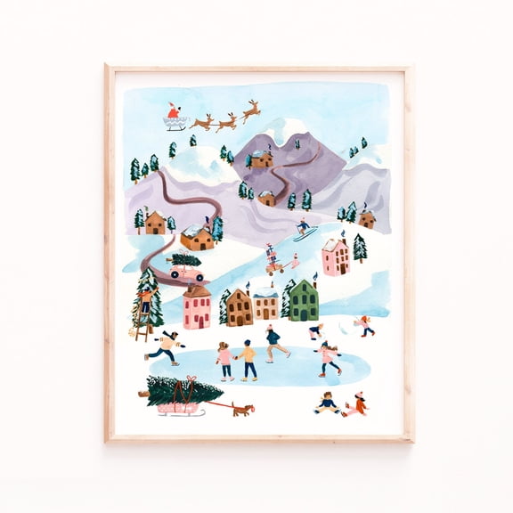 FestiveArt Poster Winter Village Scene (Multiple Sizes), Stretched Canvas Size 12x18 F03.1.19l1530