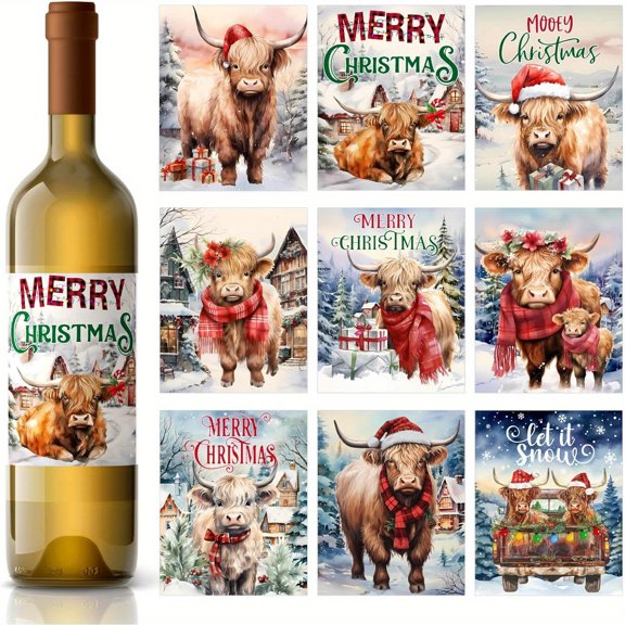 FestiveTrail Highland Cattle Stickers 54pcs, Merry Christmas for Wine Bottles, Red Green Holiday Party , Self Adhesive Matte Coated Bottle Labels for Family Gatherings, Winter Celebration Supplies