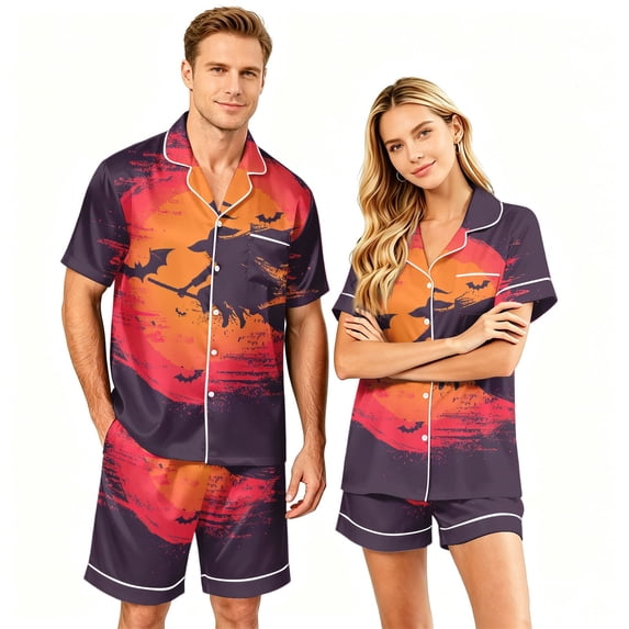 Festively Fun Couples Matching Halloween Pajamas Short Sleeve Button Front Shirt and Shorts Sleepwear Sets for Men and Women