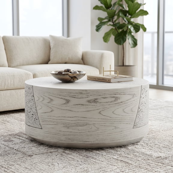 Festivo 28" Round Coffee Table in Ivory Oak & Travertine Finish
