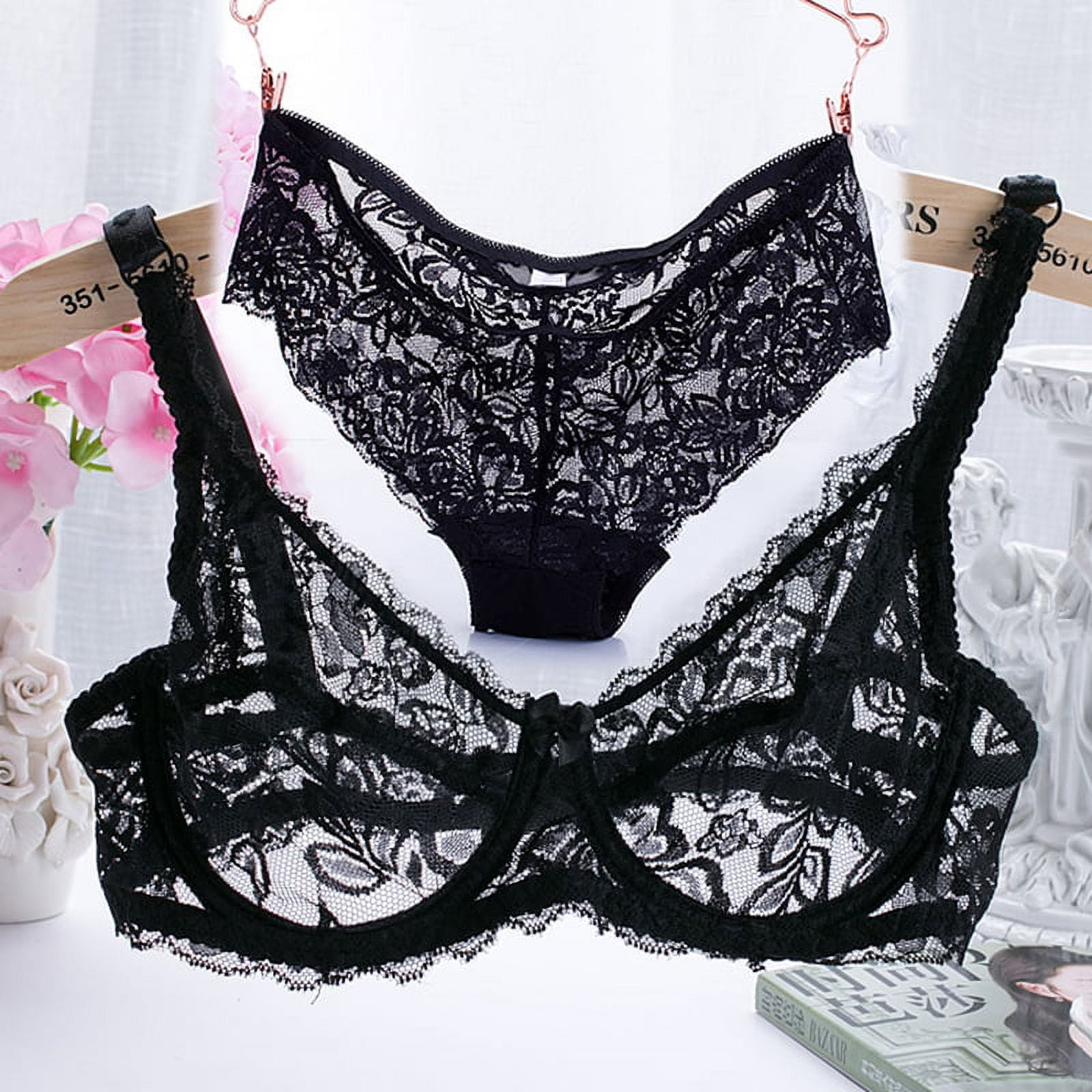 Festnight New Women Lace Gauze Bra Sets Push Up 3/4 Cup Hook-and- Eye  Breathable Ultra-thin bra Lingerie Underwear With Brief 