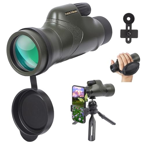 Fetch Falcon HD 12x50 IPX7 Nitrogen Filled BAK4 FMC HD Monoculars(Eyepiece 25.5cm Waterproof Under 1 M Water 30 Minutes Never Leaks)with Phone Holder, Tripod, Hand Strap (HD IPX7 Green)