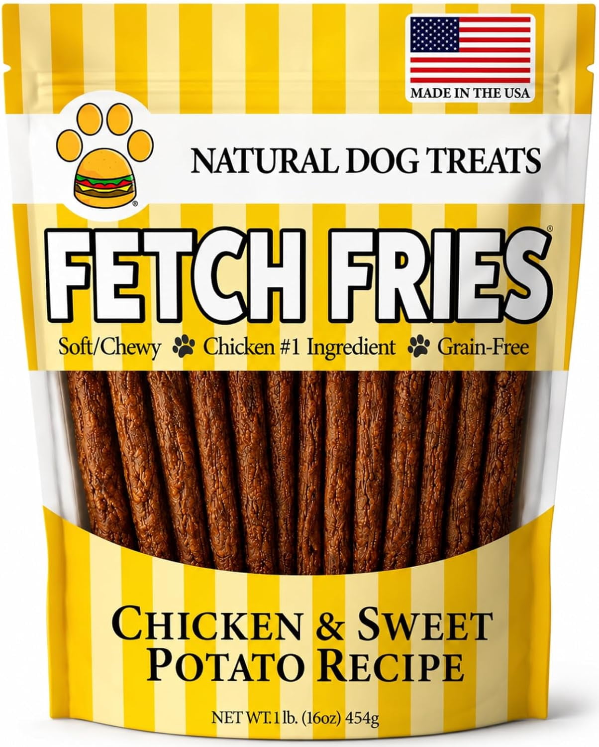Fetch Fries Dog Treats - Chicken & Sweet Potato Recipe, Made in USA, Grain Free, Soft and Chewy (16 oz)