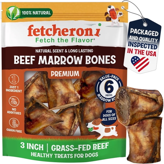 FETCHERONI Beef Marrow Dog Bones, Natural Dog Treats, Dental Chews for Dogs, 3, 6 Pack