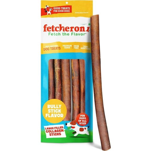 Fetcheroni Dog Chews Long Lasting Bully Stick and Rawhide Alternative. Healthy Beef Collagen Sticks for Dogs. 12 inch Tasty Dog Treat that Your Dog Will Love. (5 Pack)