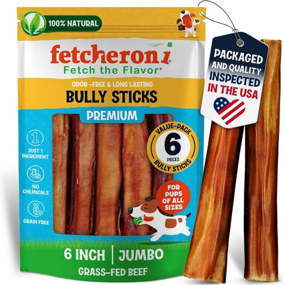 Fetcheroni Odor-Free Bully Sticks (6 inch, 6 Pack), 6 Ounces Bag, Fully Digestible 100% Beef Pizzle Chews, Grass-Fed, Non-GMO, Grain-Free, Natural Long-Lasting Chews for Small & Large Dogs