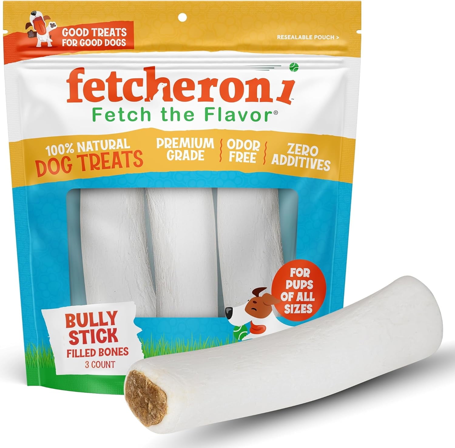 Fetcheroni Stuffed Dog Bone - Dog Treat Filled with Flavor for Your Dog - Great for Dog Treat or Training - Long Lasting Dog Chew. (5 to 6 inches, Bully Stick Flavored)