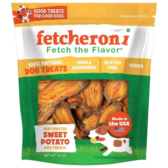 Fetcheroni Sweet Potato Dog Treats, Healthy Dog Treats Made in USA Only, Dehydrated Dog Treats, Sweet Potato Chews for Dogs, Vegetarian Dog Treats, Healthy Dog Treats for Large Dogs, 16oz