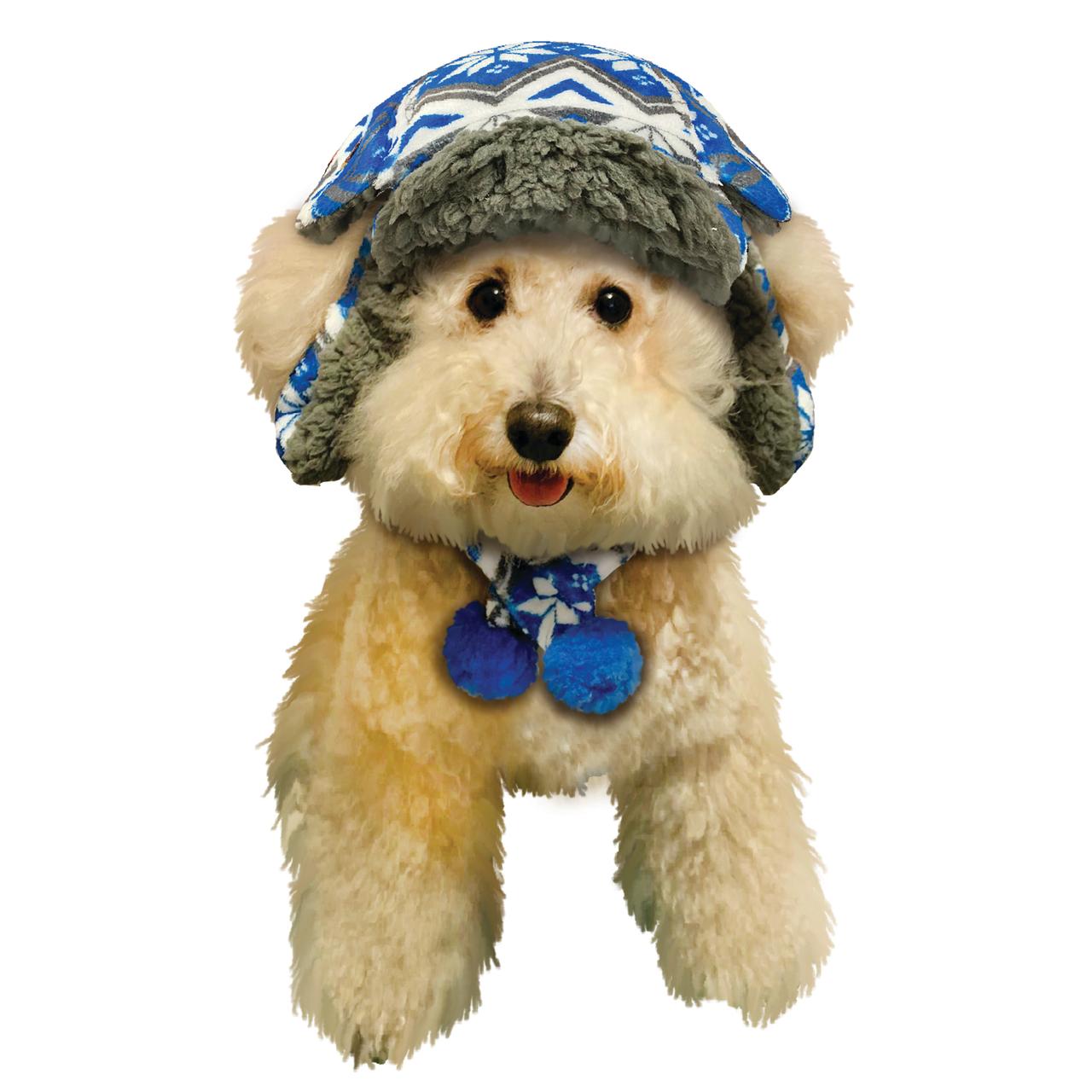 Fetchwear Snowflake Fleece Trapper Hat & Scarf Set for Dogs, Blue/Gray, X-Small/Small
