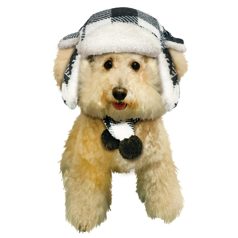 Fetchwear White and Black Buffalo Plaid Fleece Trapper Hat and