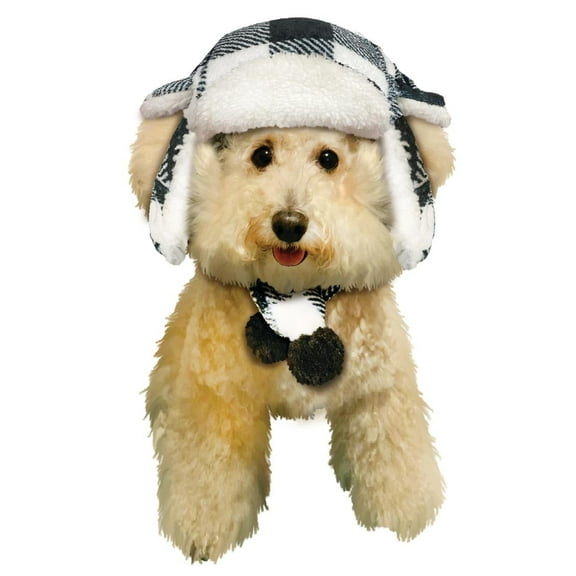Fetchwear White and Black Buffalo Plaid Fleece Trapper Hat and Scarf Set for Dogs, XS/S