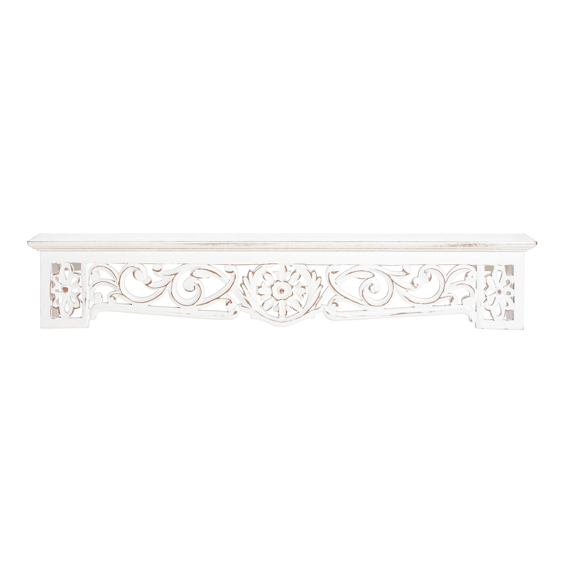 Morris White Hand Carved Wood Floating Wall Shelf, 30"