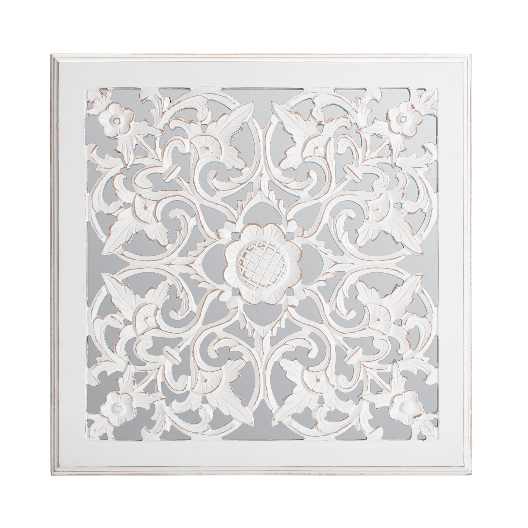 Maia White Carved Floral Medallion Square Wall Mirror