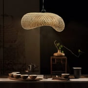 Fetcoi Bamboo Pendant Lighting, 23.6 Modern Round Rattan Woven Chandelier Bird Nest Lampshade Ceiling Hanging Light Fixture for Dining Room Living Room Restaurant E27 Socket