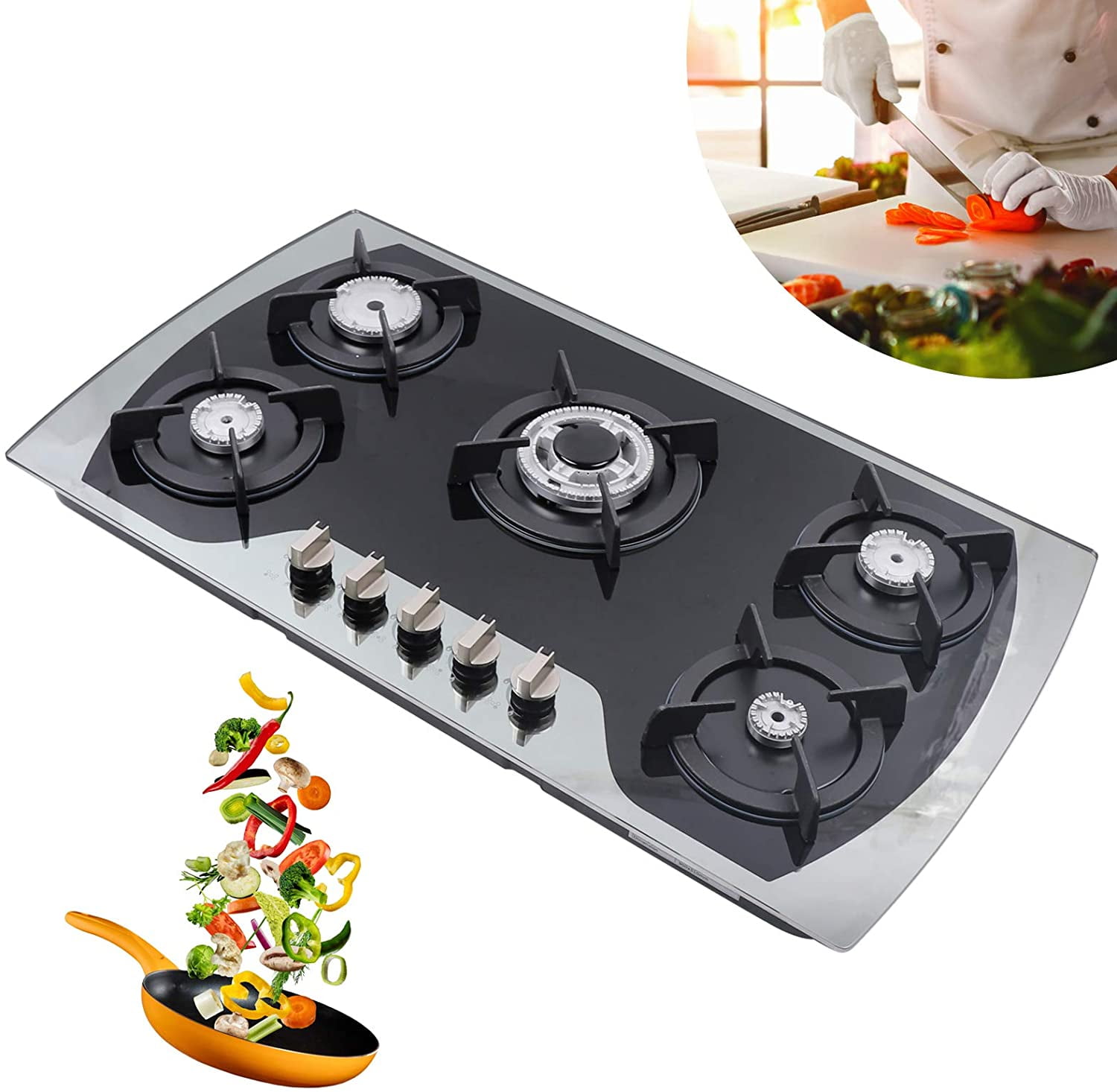 Fetcoi, Gas Cooktop 35.4" Tempered Glass LPG/NG Gas Built in 5 Burner Gas Stove Iron Grate Stove Hob Cooktop Tempered Glass Fuel
