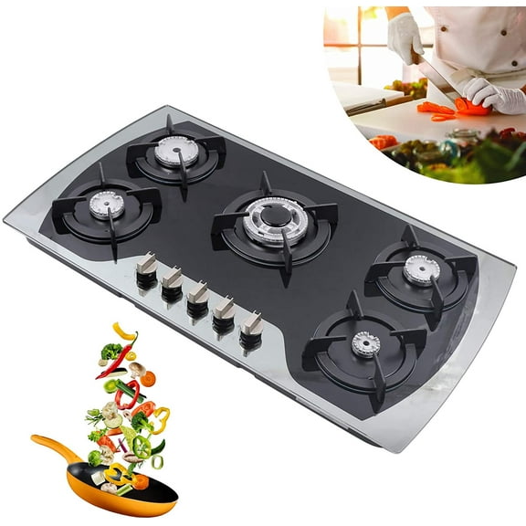 Fetcoi, Gas Cooktop 35.4" Tempered Glass LPG/NG Gas Built in 5 Burner Gas Stove Iron Grate Stove Hob Cooktop Tempered Glass Fuel