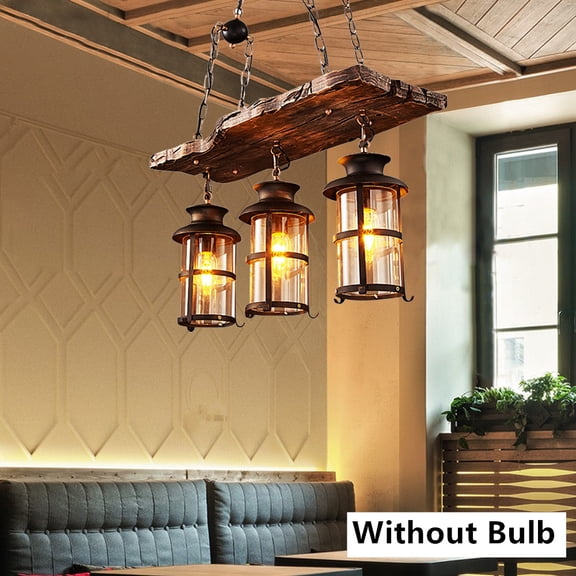 Fetcoi Industrial Pendant Light Fixture, 3-Light Wood Iron Retro Rustic Chandelier Lantern Transparent Glass Lampshade Black Finish Ceiling Hanging Light for Cafe Bar Restaurant