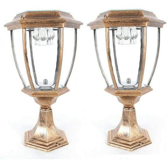 Fetcoi LED Solar Outdoor Pillar Lamp 5W Vintage Wall Mounted Light Waterproof Lantern lamp for Fence Deck Patio Garden (2Pcs Bronze)