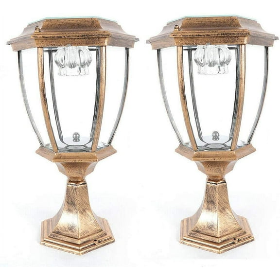Fetcoi LED Solar Outdoor Pillar Lamp 5W Vintage Wall Mounted Light Waterproof Lantern lamp for Fence Deck Patio Garden (2Pcs Bronze)