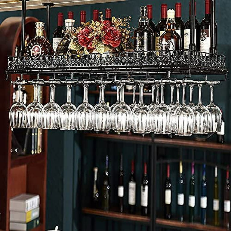 Fetcoi Wine Glass Hanging Rack and Shelf 2 Layer Industrial