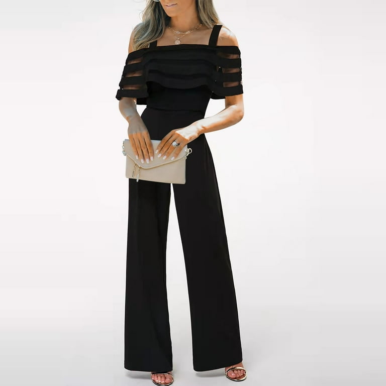 Feternal Women Summer Strappy Cold Shoulder Ruffle Overlay Jumpsuit Loose Romper Long Pants womens overalls